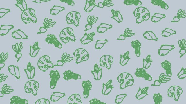 Seamless loop pattern of green vegetable doodles on a pale blue background for branding packaging and background designs