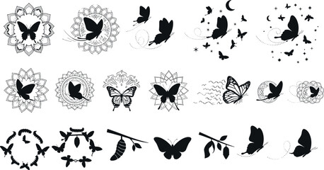 Butterfly silhouette ornaments with mandala frames celestial moon stars wreaths and decorative flight paths elegant vector illustration set