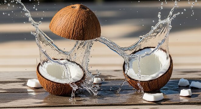 Fresh coconut split open with water splashing out on wooden deck surface outdoors under sunlight creating dynamic liquid movement and refreshing tropical mood