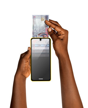 This conceptual image depicts a person&rsquo;s hands inserting an Armenian Dram banknote into the top of a smartphone, representing the integration of traditional physical currency with digital finance.