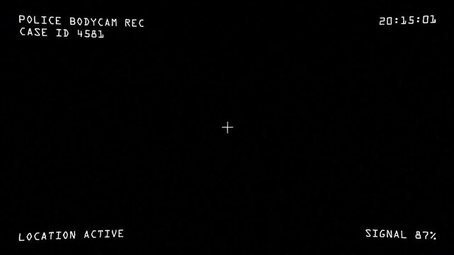 Crime Documentary Style Recording Screen with Case Reference Data, Analog Noise Texture and Handheld Camera Motion Simulation