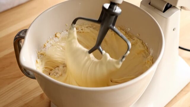 Video of Overhead Food Mixing Scene with rotating bowl and dynamic ingredient fusion emphasizing baking workflow, homemade recipes and artisanal craftsmanship for social media and advertising visuals;