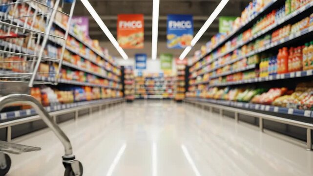 Video of Cart Passing Camera with aisle perspective shift in supermarket vibe, retail shopping concept, consumer lifestyle background for grocery and FMCG branding, metal shopping cart rolling past