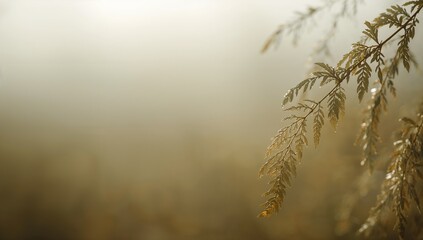 Fototapeta premium Drooping stem with pinnate leaves catching dawn light in meadow, dew droplets and bokeh, copy space
