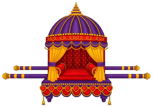 Vibrant indian palanquin with intricate designs and colorful fabrics on white isolated on transparent background