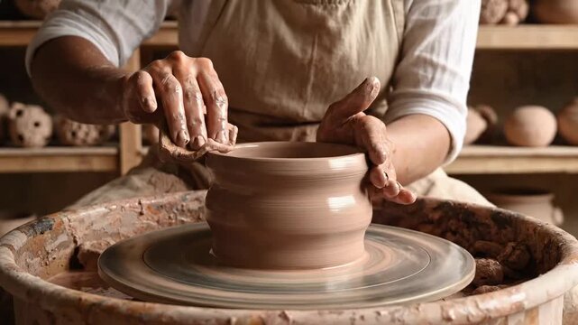 Video of ceramic bowl formation on spinning pottery wheel, traditional craftsmanship, handmade home decor production, sustainable artisan lifestyle theme.