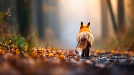 Fototapeta premium Fox Walking Through Misty Autumn Forest With Warm Orange Coats