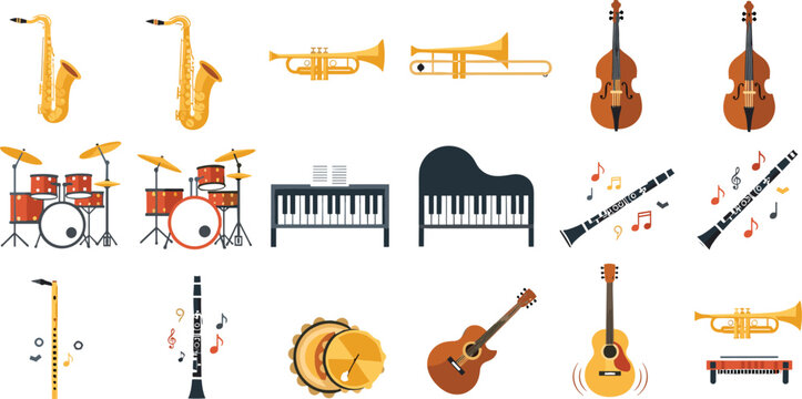Flat musical instruments icon set including saxophone trumpet violin guitar piano drums clarinet flute trombone orchestra music collection vector illustration