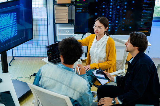 Diverse creative team of programmer or Software engineer collaborating develop Ai agentic project.Concept of transformation,Coding team,ai agentic workflows,develop Ai Assistant,business brainstorming