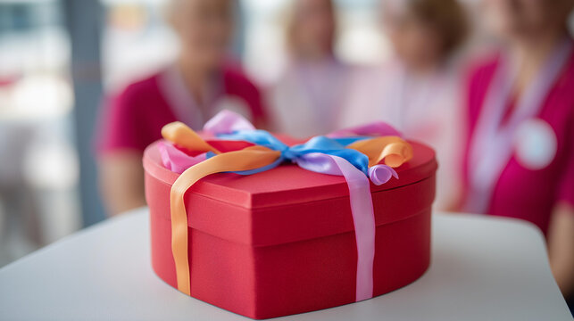 Heart-shaped donation box decorated with colorful ribbons on a table, faceless volunteers in matching attire visible behind, defocused community space, International Volunteer Day, charity