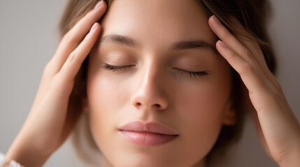 Fototapeta premium Close-up of a faceless young Caucasian woman's hands resting gently over her head, eyes closed, in a peaceful meditative relaxation pose, defocused soft neutral background, stress-free hands,