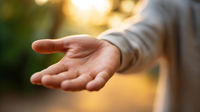 Faceless person extending a helping hand forward, palm open and upward, defocused warm natural outdoor background, helping hand gesture, support concept, charity giving, outreach, kindness, with