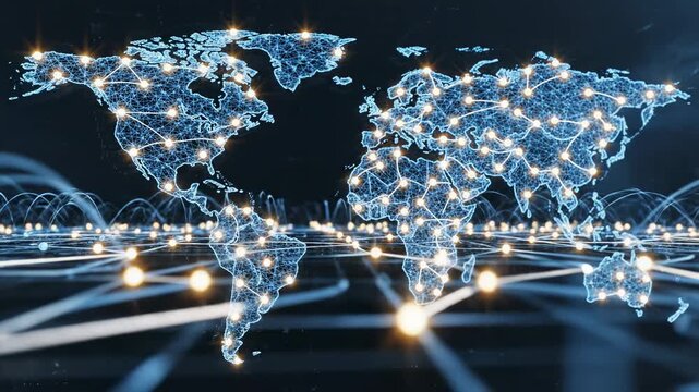 Video of abstract global communication grid with radiant nodes and flowing links, digital transformation concept, international technology infrastructure background for fintech and innovation