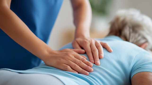 Close-up of a faceless physiotherapist's hands touching the lower back of an elderly woman during a rehabilitation exercise session, defocused therapy room behind, physiotherapy elderly back,