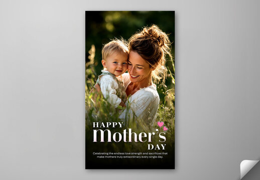 Editable Happy Mother's Day Social Media Story Template Design with Loving Mother Holding Baby in Sunlight Garden.