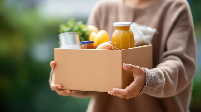 Faceless volunteer hands holding a full grocery food donation box with clearly labeled products visible, defocused charity space behind, food donation box, volunteer giving, charity food bank,