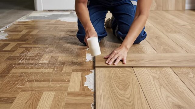 Home Renovation Flooring Upgrade visualization, slightly elevated perspective of a room divided into two halves with old worn flooring on one side and fresh laminate boards seamlessly installed on the