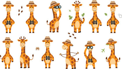 Cute safari giraffe explorer characters with hat binoculars cartoon wildlife animal mascot collection flat vector illustration set © MstTanzila