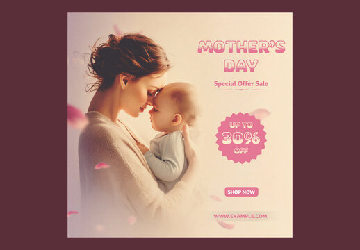 Editable Happy Mother&rsquo;s Day Sale Social Media Post Template with Mother Cuddling Baby and Up to 30 Percent Off  in Beige Theme.