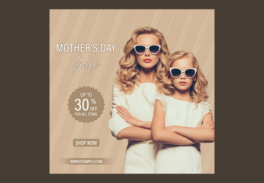 Editable Happy Mother&rsquo;s Day Sale Social Media Post Template with Modern Blonde Mother and Daughter in White Matching Outfit Photo.