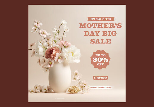 Editable Happy Mother&rsquo;s Day Big Sale Social Media Post Template with Up to 30 Percent Discount Offer and Floral Bouquet Vase Photo.