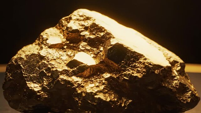 Video gold nugget close-up with metallic shine detail on dark backdrop, luxury wealth concept for finance branding, investment marketing, mining industry visuals, and premium product backgrounds.