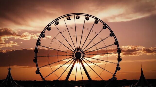 Video of Sunset Carnival Wheel Silhouette with warm gradient sky and slow rotational movement for cinematic backgrounds and inspirational travel storytelling; expansive horizon composition with the