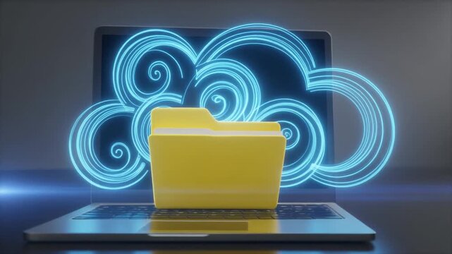 Digital cloud storage concept with yellow folder and laptop, symbolizing data flow, connectivity, and modern computing infrastructure.