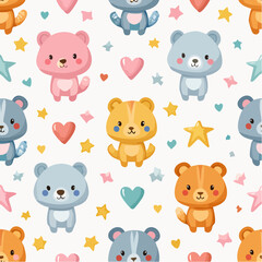 Obraz premium Seamless cute cartoon pattern with small animals, stars, and hearts, colorful playful style, pastel colors, children illustration style, repeating pattern