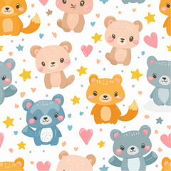 Fototapeta premium Seamless cute cartoon pattern with small animals, stars, and hearts, colorful playful style, pastel colors, children illustration style, repeating pattern