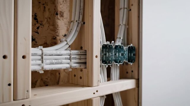 Residential Electrical System Setup shown in a partially finished wall cross-section, bundled cables secured with clips and aligned in parallel paths, smooth drywall edges framing the exposed