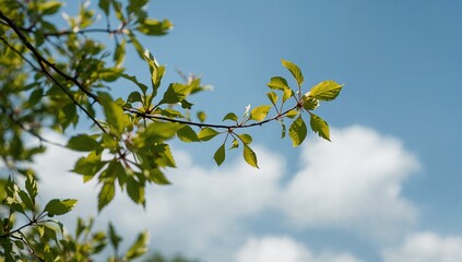 Showing slender branch with serrated green leaves revealing backlit veins in park, blue sky clouds