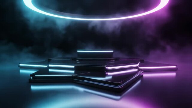 Video of neon lit dark stage with futuristic glowing podium against black background, product showcase platform and high tech presentation concept for modern branding.