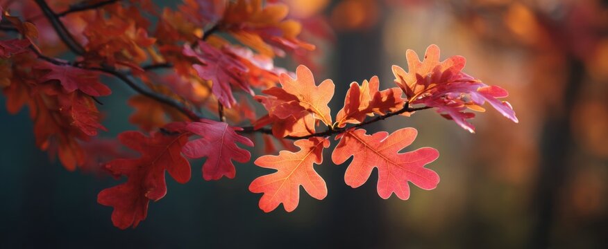 bright red oak leaves gracefully float in a sunlit fall woodland evoking warmth and beauty