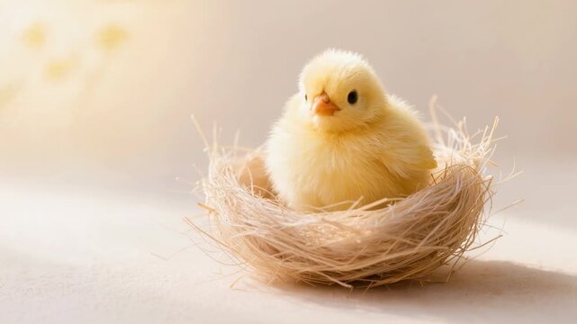 Fluffy yellow chick sitting in a delicate nest beside an egg on a soft light background. Spring and Easter symbol representing new life, birth, and gentle seasonal renewal.