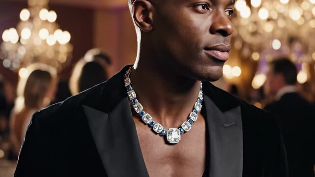 African american man in tuxedo wearing diamond sapphire necklace at gala. Elegant gentleman exhibiting luxury jewelry at party. Fashionable lifestyle event concept.
