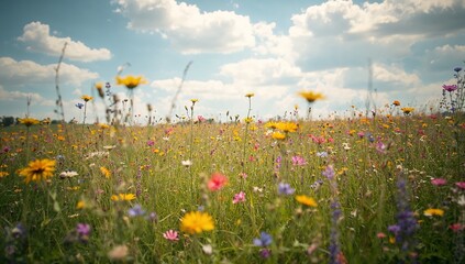 Fototapeta premium Showing wildflower meadow in open countryside, with yellow, pink, purple blooms and clouds