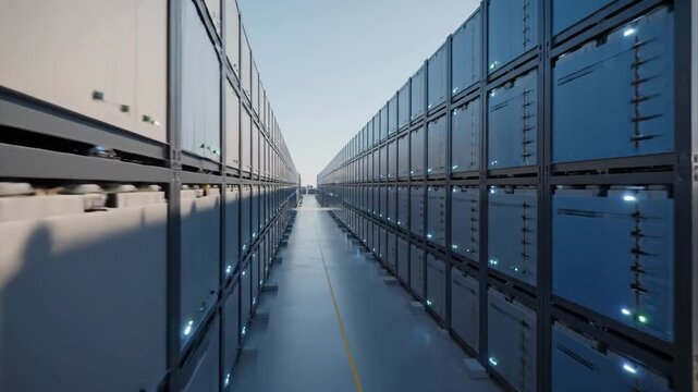 Video Utility-Scale Energy Storage Facility with Large Battery Containers for smart grid concepts, decarbonization themes, and green technology storytelling in contemporary commercial media.