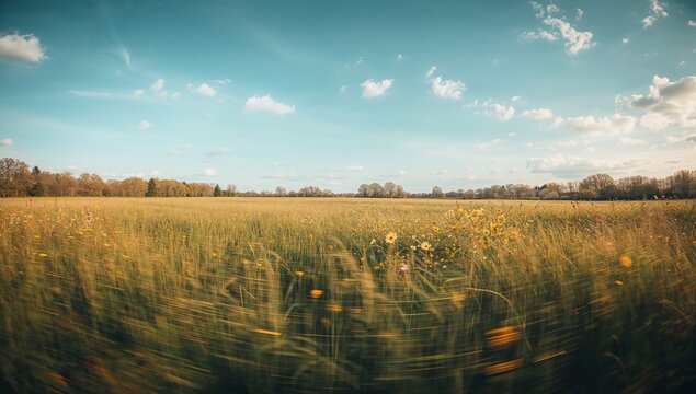 Swaying field of tall grasses rolling in open meadow, with yellow wildflowers and tree line