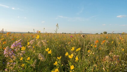 Swaying meadow grasses and wildflowers filling rural field at low vantage, with yellow blooms