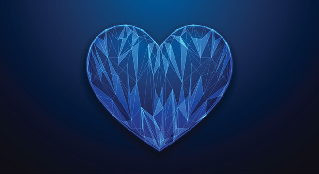 Crystal Heart Symbol: A radiant illustration of a heart composed of crystalline facets, set against a deep blue background, it symbolizes the strength of enduring love and unbreakable bond.
