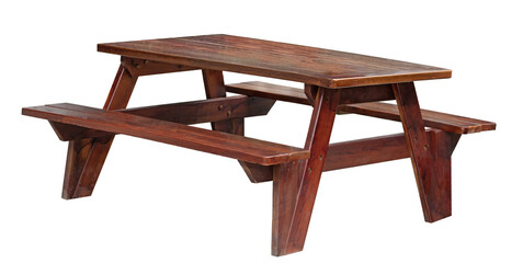 Wood furniture for outdoor dining isolated. Wooden picnic table with long benches side view. 