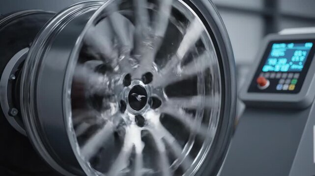 This video presents Automotive Rim Rotation on Balancing Equipment with focus on precision engineering, emphasizing vehicle maintenance, technical inspection and reliability concept for commercial