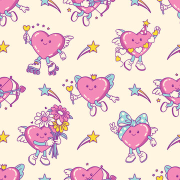 Seamless pattern with funny heart characters. Bright playful background in children's style for fabric, stationery, wrapping and surface design.