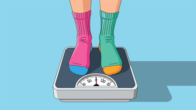 Person wearing mismatched pink and green socks standing on a mechanical bathroom scale to check their weight on a blue background.