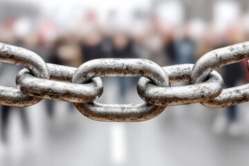 Fototapeta premium A close-up shot of a sturdy metallic chain, symbolizing strength and connection against a blurred background of a crowd of people in a public setting.