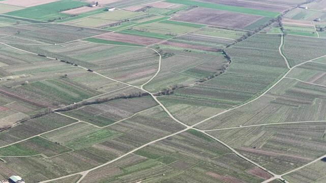 Aerial view of agricultural fields creating a checkered pattern of textures and tones, divided by roads, Mittelwihr, Grand Est, France.