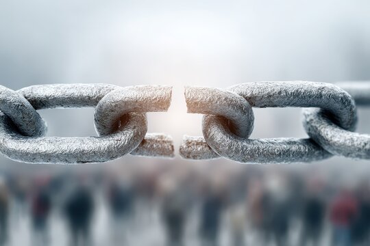 A broken metal chain link in a close-up view, symbolizing a break in the connection or a separation within the collective or community, weak link, problem.