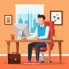 Fototapeta premium Businessman working on computer in modern office. Flat vector illustration of freelancer sitting at desk with city view, briefcase, and office supplies. Professional workspace concept.