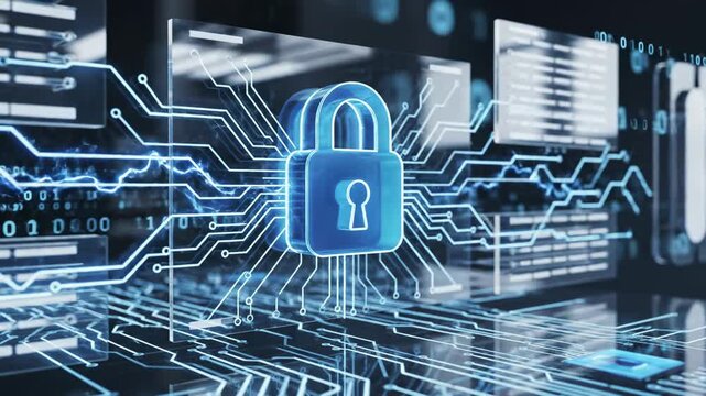 Digital safety metaphor showing a semi-transparent 3D lock icon embedded within layered glass panels, animated light pulses traveling through thin circuit-like lines beneath the surface, cool white